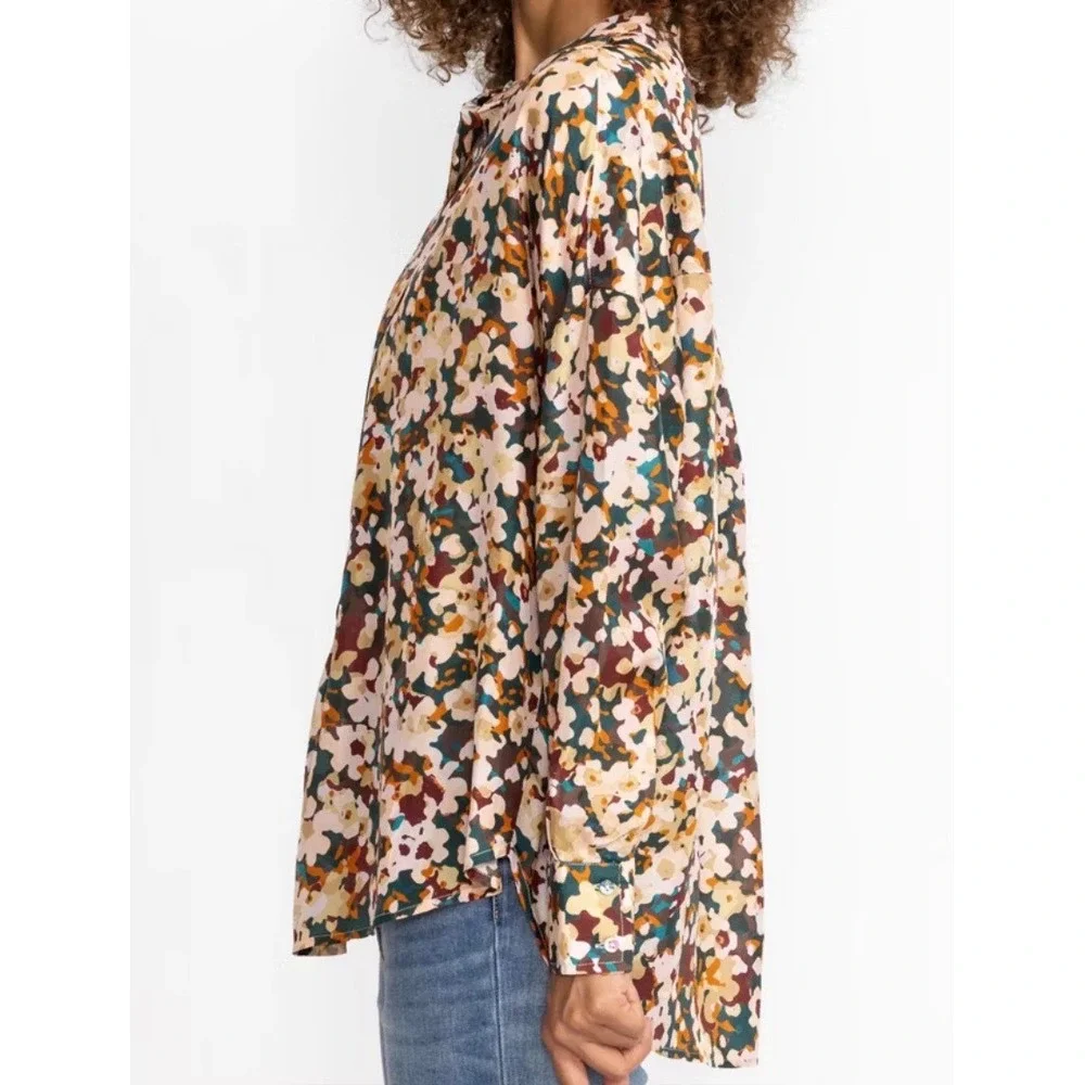 Calme Johnny Was Womens 100% Silk Floral Half Placket Button Blouse Top Size M